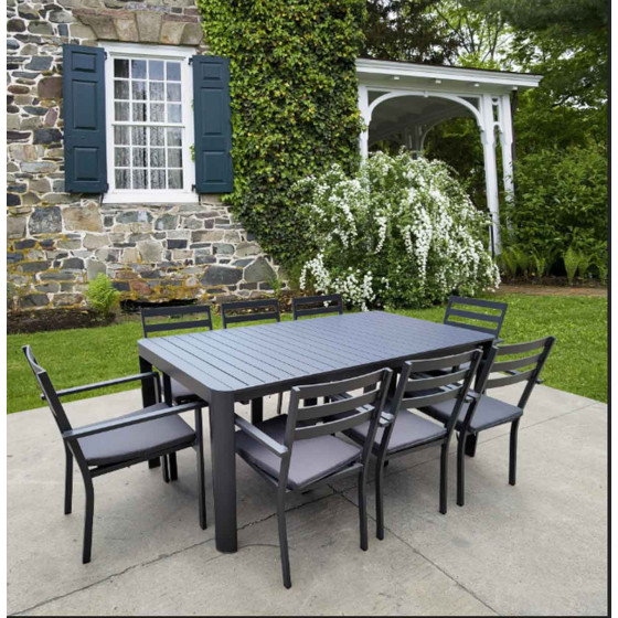 table de jardin rectangulaire avec 8 fauteuils en aluminium