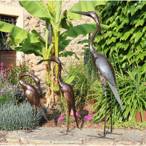 famille de heron en metal pour jardin