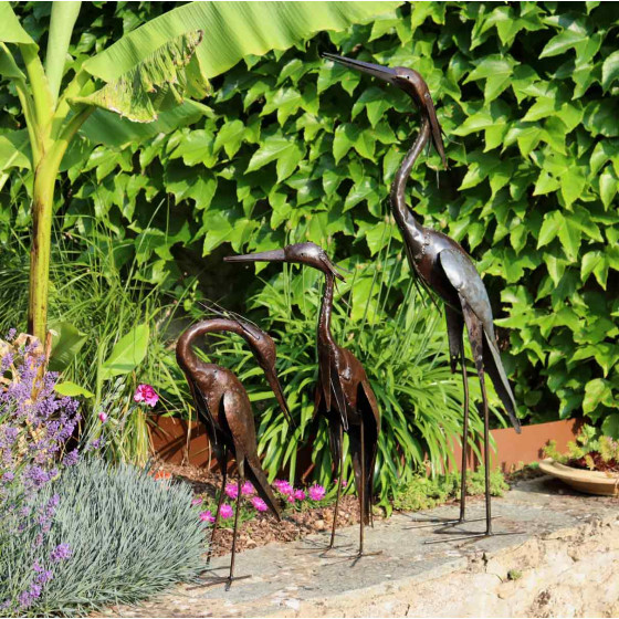 Héron en métal pour jardin en famille (les 3)