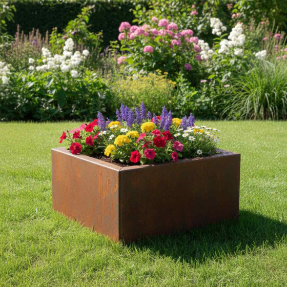 bac en acier corten avec fleurs