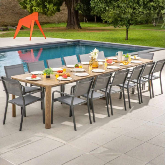 table exterieur extensible effet bois avec fauteuil