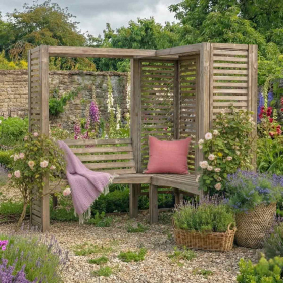 pergola d'angle en bois avec banc de jardin