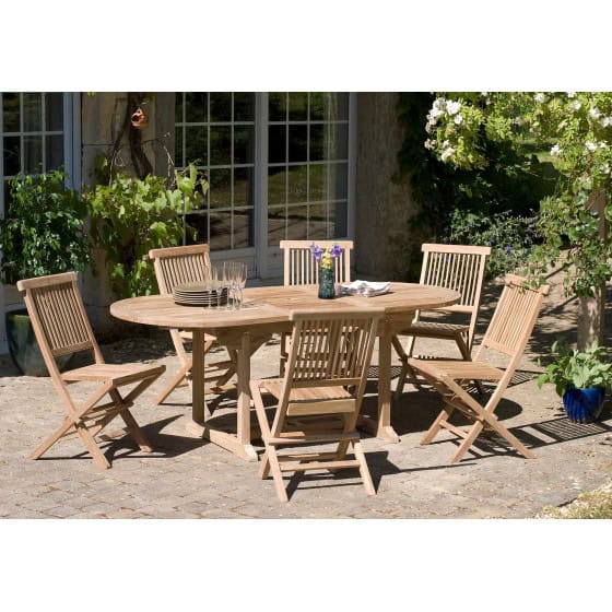 Table en teck extensible ovale et 6 chaises de jardin en teck