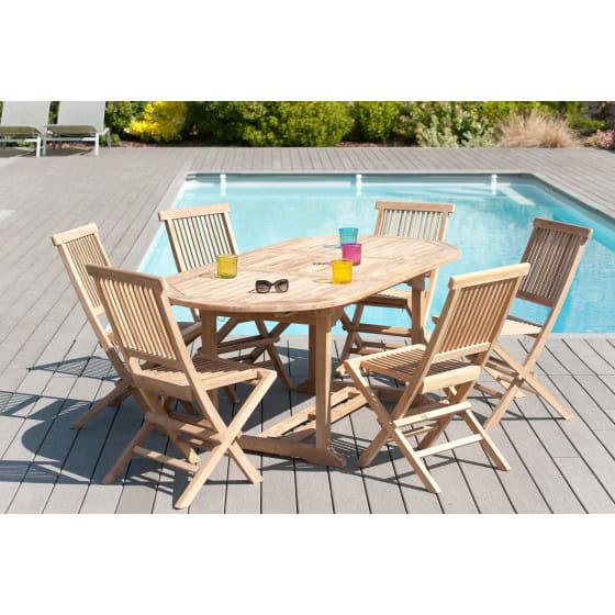 Table en teck extensible ovale et 6 chaises de jardin en teck