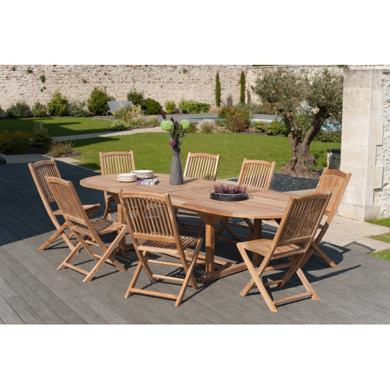 Table en teck extensible ovale et 8 chaises de jardin en teck